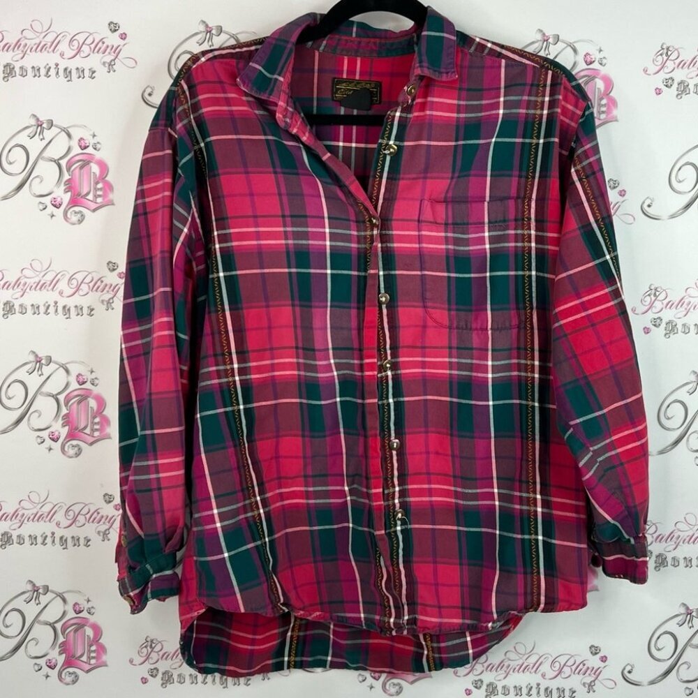 Eddie Bauer button up shirt vintage pink Red and Green Plaid Shirt stripes